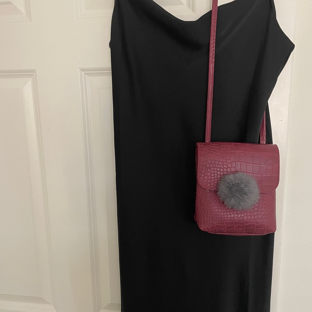Cute Crossbody Bag Dark Red with Fur Ball decoration